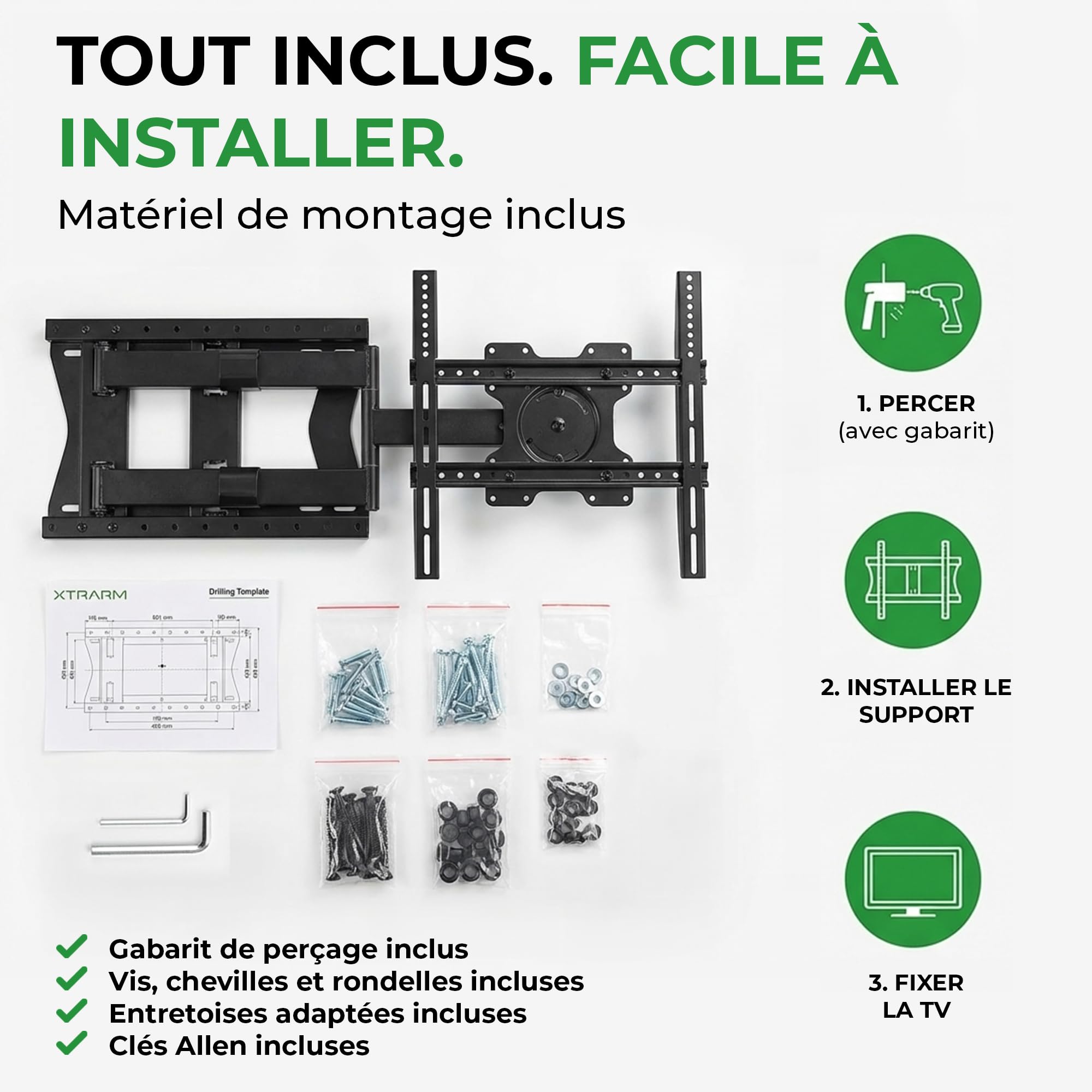 TiTon 120 cm - Support Mural TV - 40 kg - VESA 400x400 - Fixation Murale TV de 42 Pouces à 75 Pouces - Kit Complet d’Installation Inclus