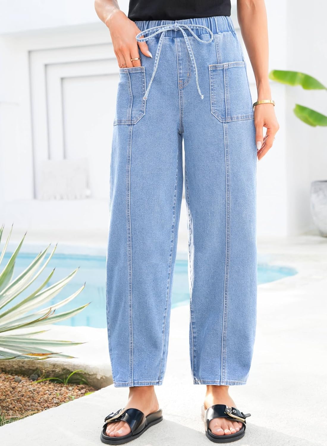 Sidefeel Womens Baggy Wide Leg Jeans Elastic Waist Drawstring Front Seam Ankle High Waisted Barrel Jeans