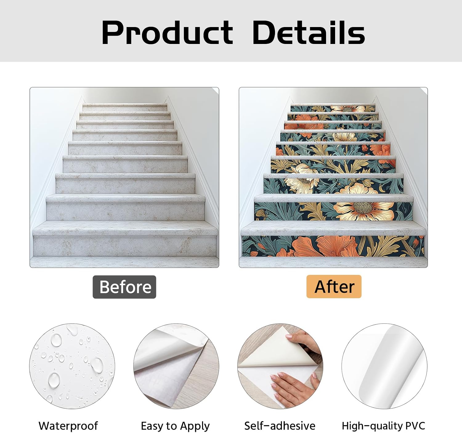 PLIGREAT 15 Strips Vintage Florals Pattern Stair Decals Peel and Stick Stair Riser Stickers Retro Style Murals Decor for Steps 7.1"x39" Self-Adhesive Stair Riser Decals for Home Hotel Decor