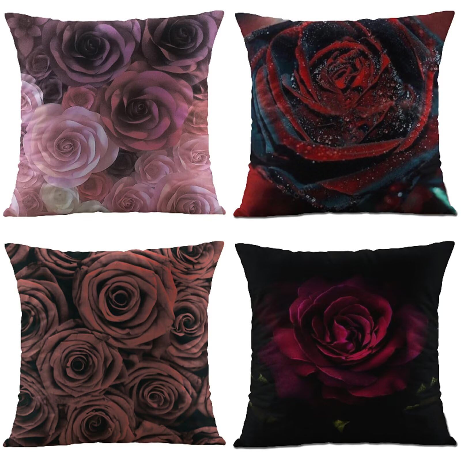 DUTACK Poszewki na poduszki 66 x 66 cm, zestaw 4 dekoracyjnych poszewek na poduszki w stylu boho z czerwoną różą, lniane, kwadratowe, poszewka na poduszkę na sofę, 65 x 65 cm, na kanapę, do sypialni, na zewnątrz, do domu, biura, samochodu, dekoracja ML-38