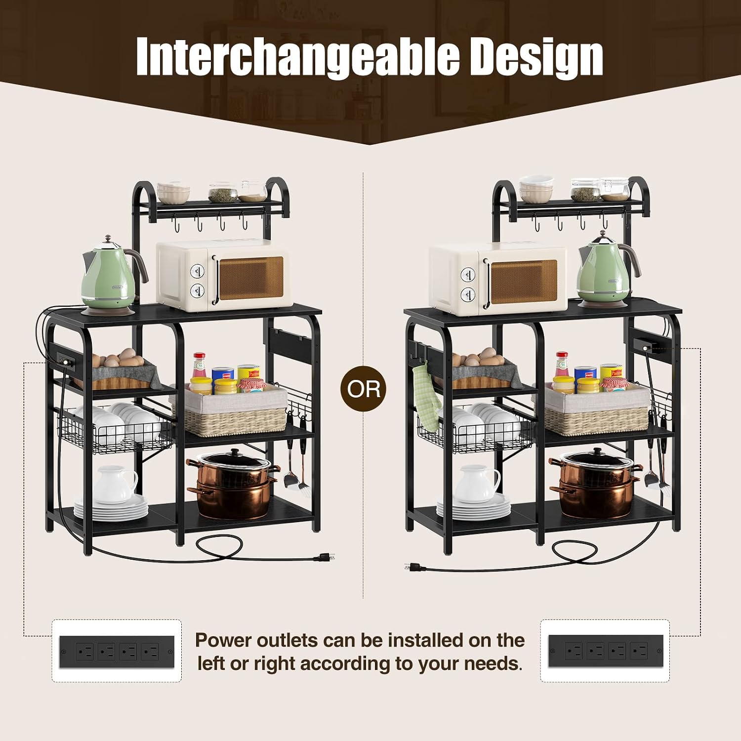 Rolanstar Baker's Rack with Power Outlet, Coffee Bar with Pull Basket, 6-Tier Kitchen Storage Rack with 13 Hooks, Microwave Stand, Freestanding Utility Stable Rack, Black