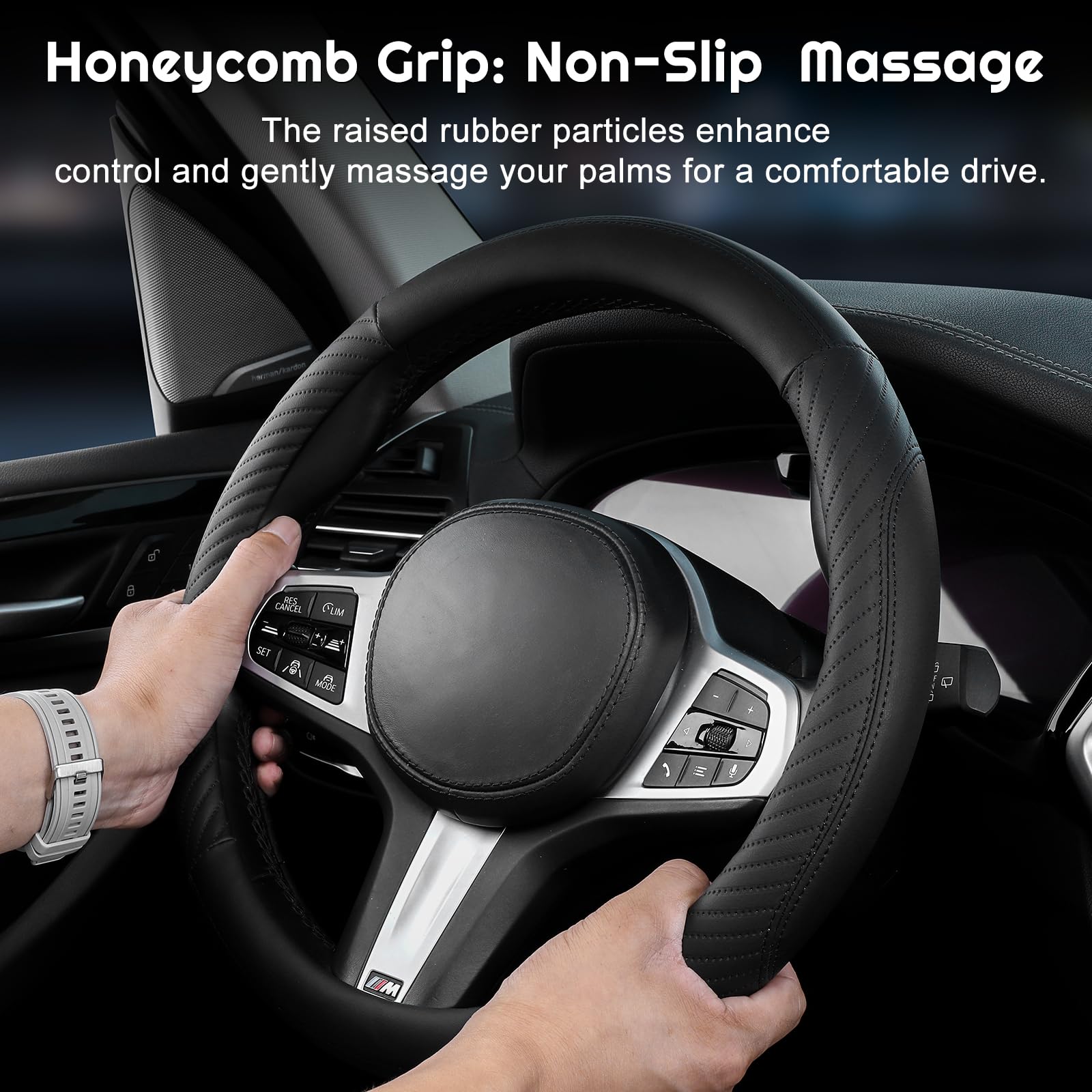 Car Steering Wheel Cover Leather - Soft Microfiber Steering Wheel Cover Universal Size M 37-38cm /14.5-15inch, Anti-slip, Breathable, Black — view 4