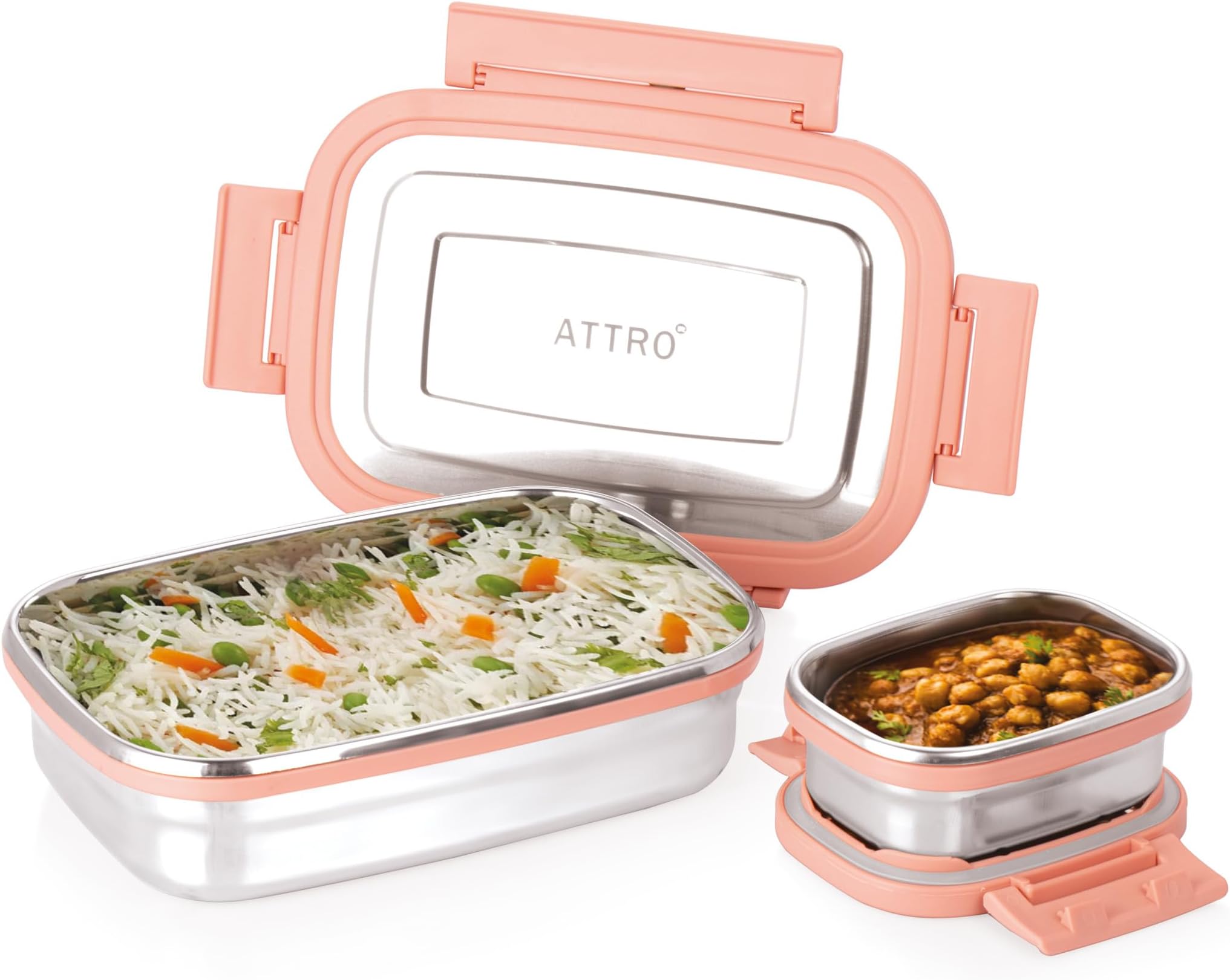 Attro Click Eat Junior Rectangular Stainless Steel Lunch Box with 1 Small Box Compact Design Airtight Leak Proof Lunch Box for Office, School, Picnic-650Ml+140Ml Peach