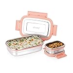 Attro Click Eat Junior Rectangular Stainless Steel Lunch Box with 1 Small Box Compact Design Airtight Leak Proof Lunch Box for Office, School, Picnic-650Ml+140Ml Peach