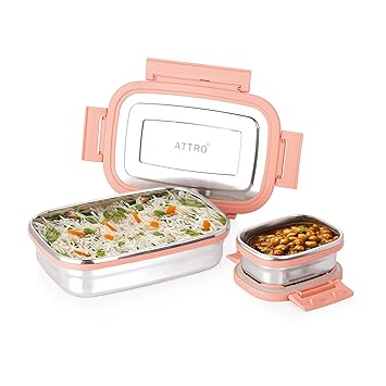 Attro Click Eat Junior Rectangular Stainless Steel Lunch Box with 1 Small Box Compact Design Airtight Leak Proof Lunch Box for Office, School, Picnic-650ml+140ml Peach