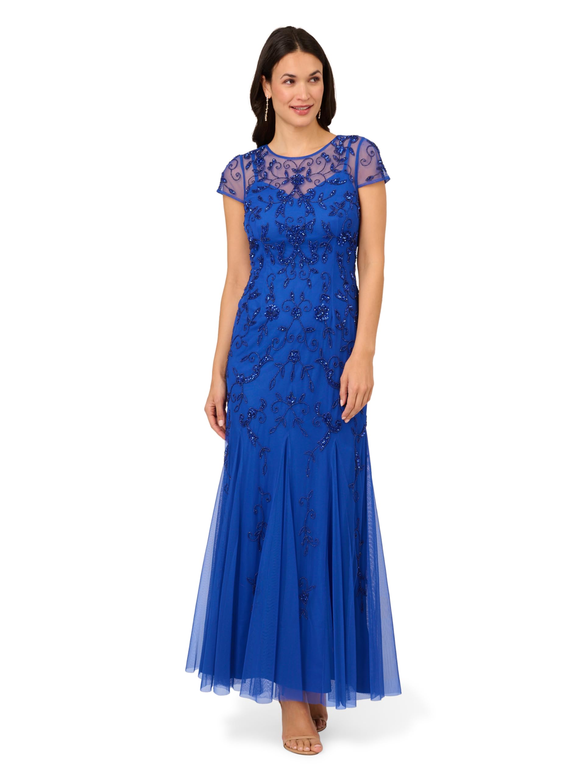 Adrianna Papell Women's Bead Mesh Godet Gown Special Occasion Dress, Brilliant Sapphire, 18