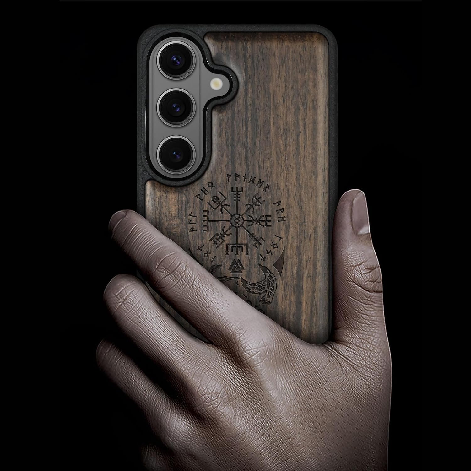 Carveit Magnetic Wooden Case for Galaxy S26+ Samsung S26 Plus Case, TPU Shockproof Cover & Wood Engraved, Compatible with MagSafe Wireless Chargers (The Guiding Vegvisir) Blackwood