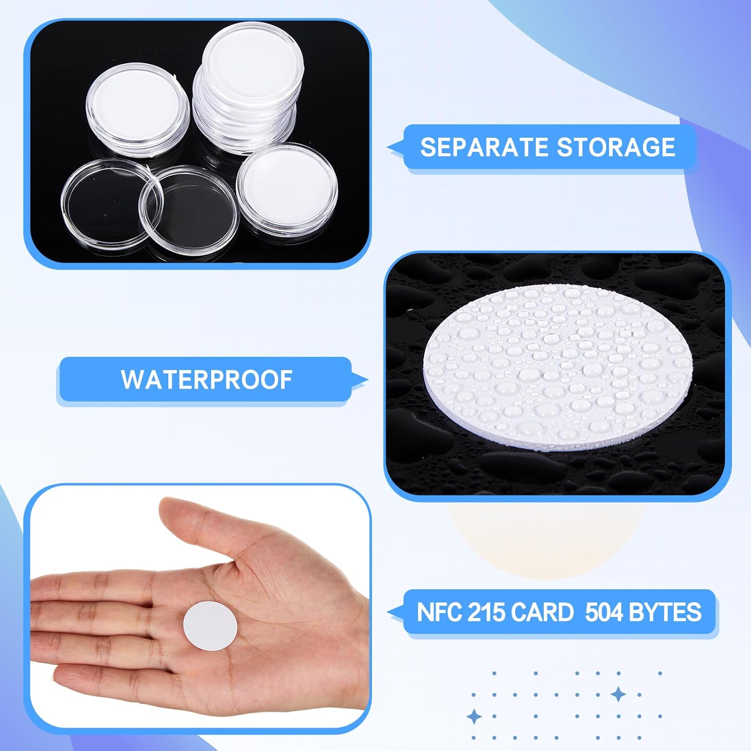 AceOrbit 100 Pcs NFC 215 Round Cards with 100 Coin Card Protector Case Programmable 25mm Blank NFC215 Coin Tags Compatible with Most NFC Phones and Devices, with Large Storage Box(White)