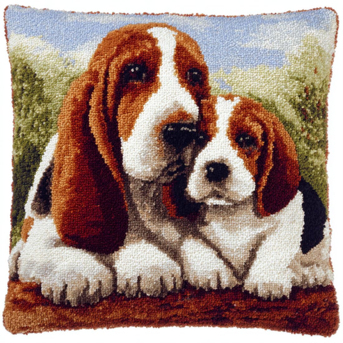 Kitquiver Animal Latch Hook Craft Kits Cartoon Basset Hound Cross Stitch Pillowcase Making Kits,DIY Latch Hook Rug Kit Embroidery 17x17In