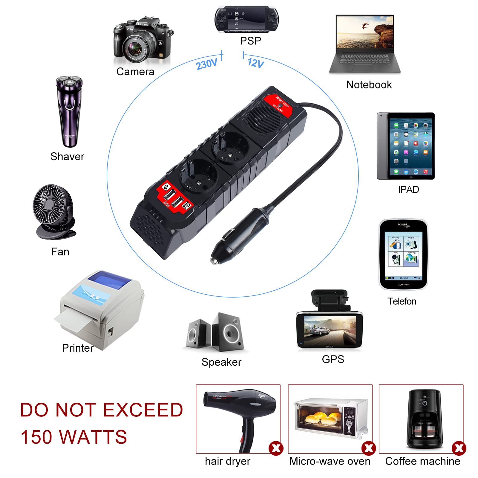 Inverter 12V 220V 150W Convertitore Tensione DC 12V a 230V AC per Auto Camper con 2 Porte USB