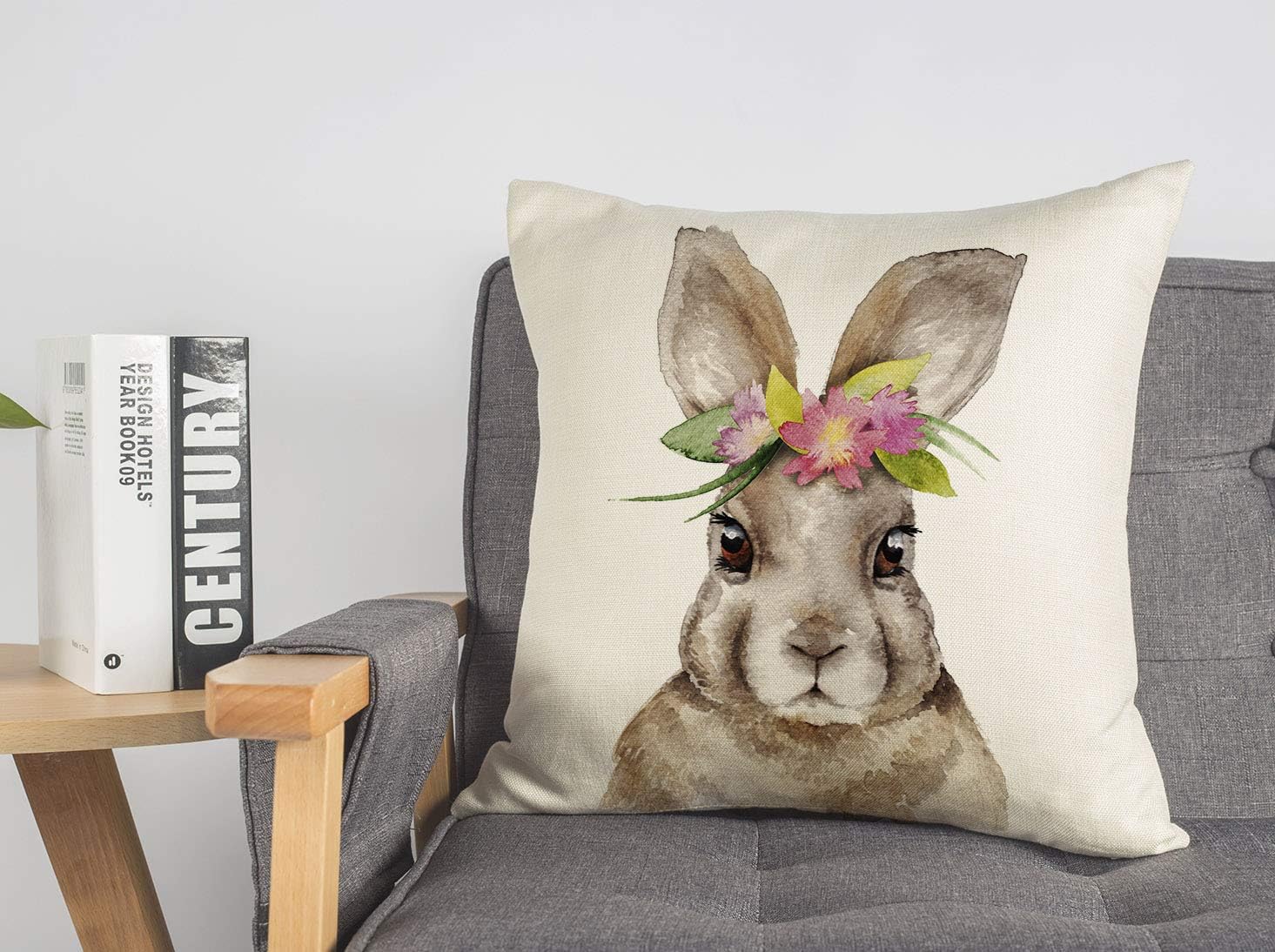 4TH Emotion Easter Bunny Pillow Cover Throw Cushion Case Spring Home Decoration Linen 18 x 18 Inch