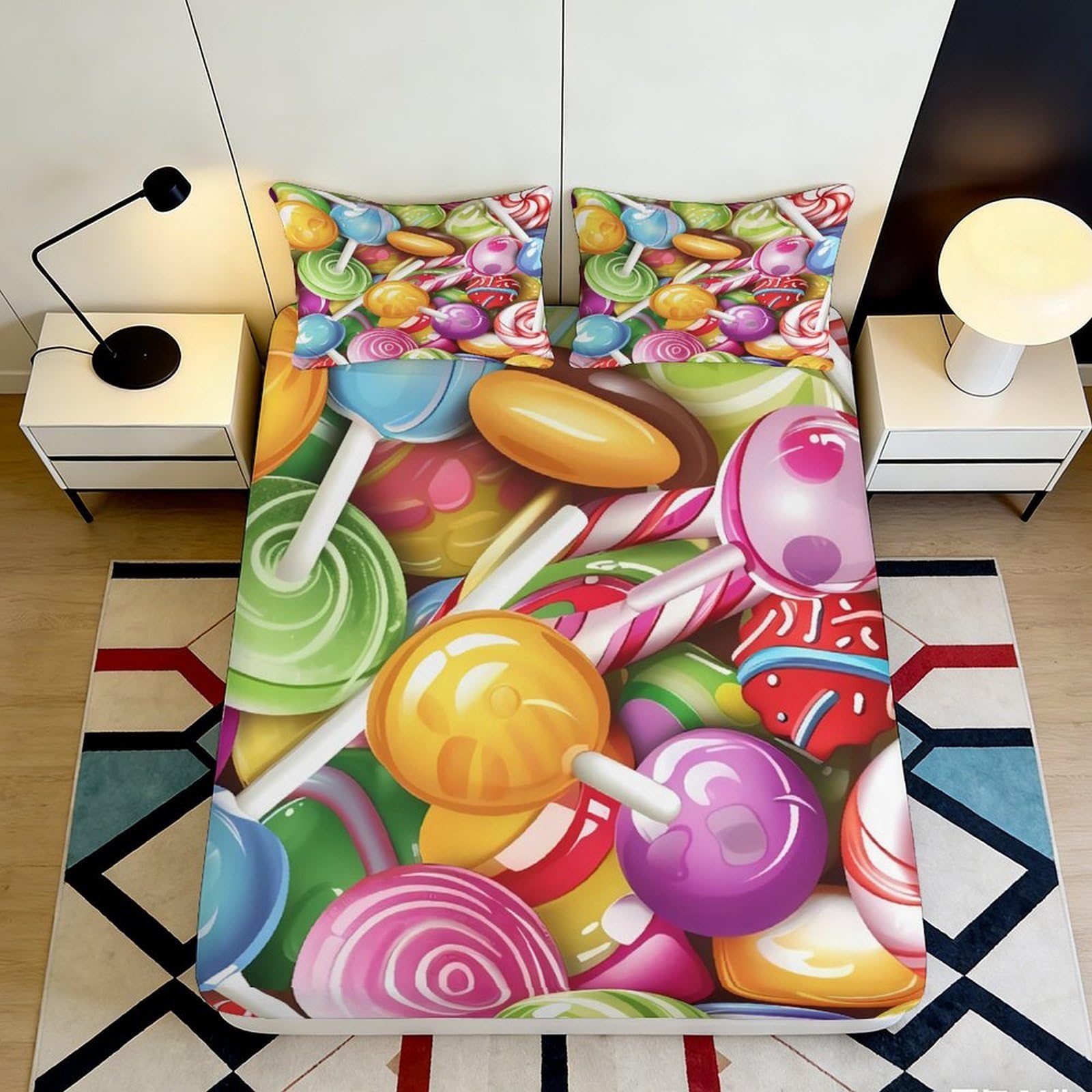 3D Printed Candy Lollipop Fitted Sheet Microfiber Colourful Sweet Treats Bed Cover for Bedroom Decor Protection 90x200x25cm