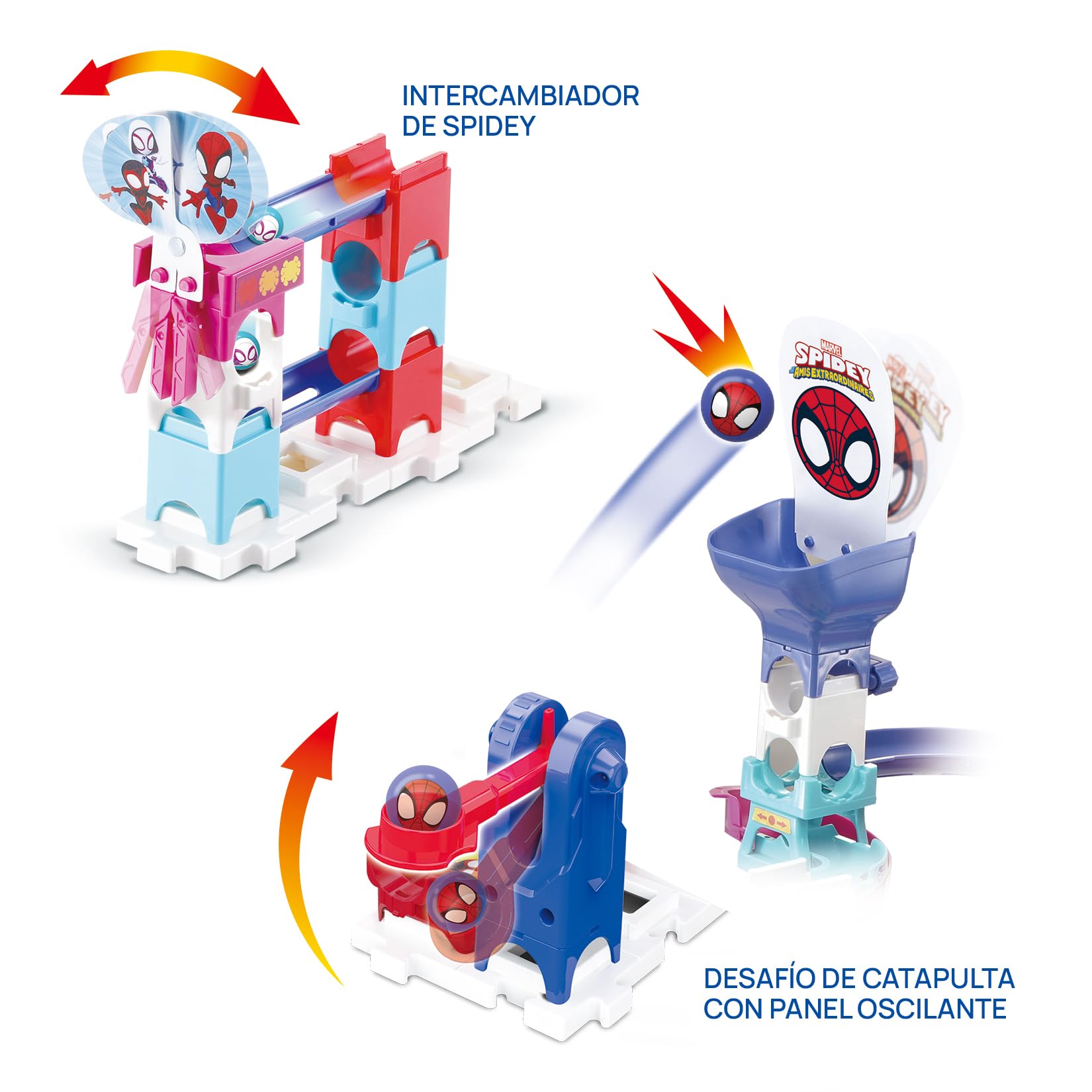 VTech - Marble Rush Spidey Challenge, Circuito de canicas Interactivo y Juguete de construcción, 65 Piezas, 6 canicas Personalizadas, Regalo para niños +4 años, Contenido en Español
