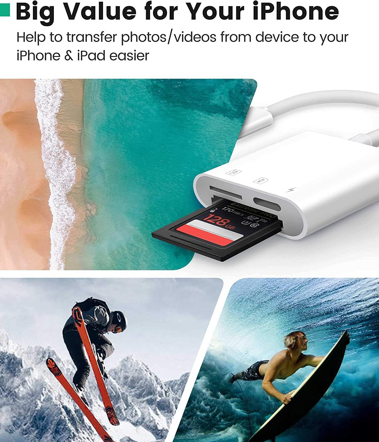 SD Card Reader for iPhone iPad,esbeecables Trail Game Camera SD Card Viewer with Dual Slot Simultaneous Charging and Card Reading Micro Adapter,Photography Memory Card Adapter,Plug and Play