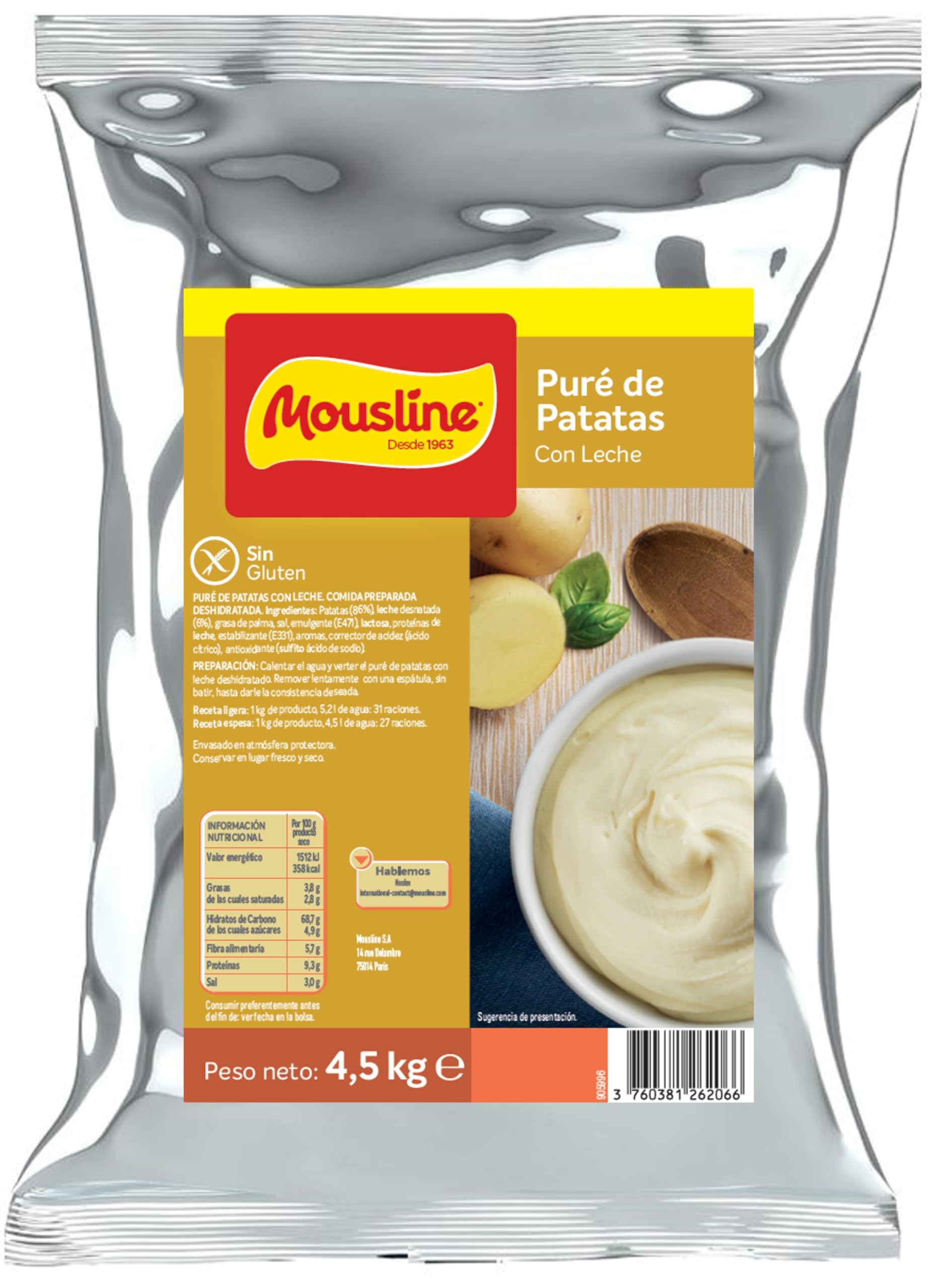 Mousline - Puré de Patatas con Leche Instantáneo - Ingredientes de Primera Calidad - Preparación Fácil y Rápida - Ideal para Recetas Elaboradas - 1 Bolsa - 4,5 kg