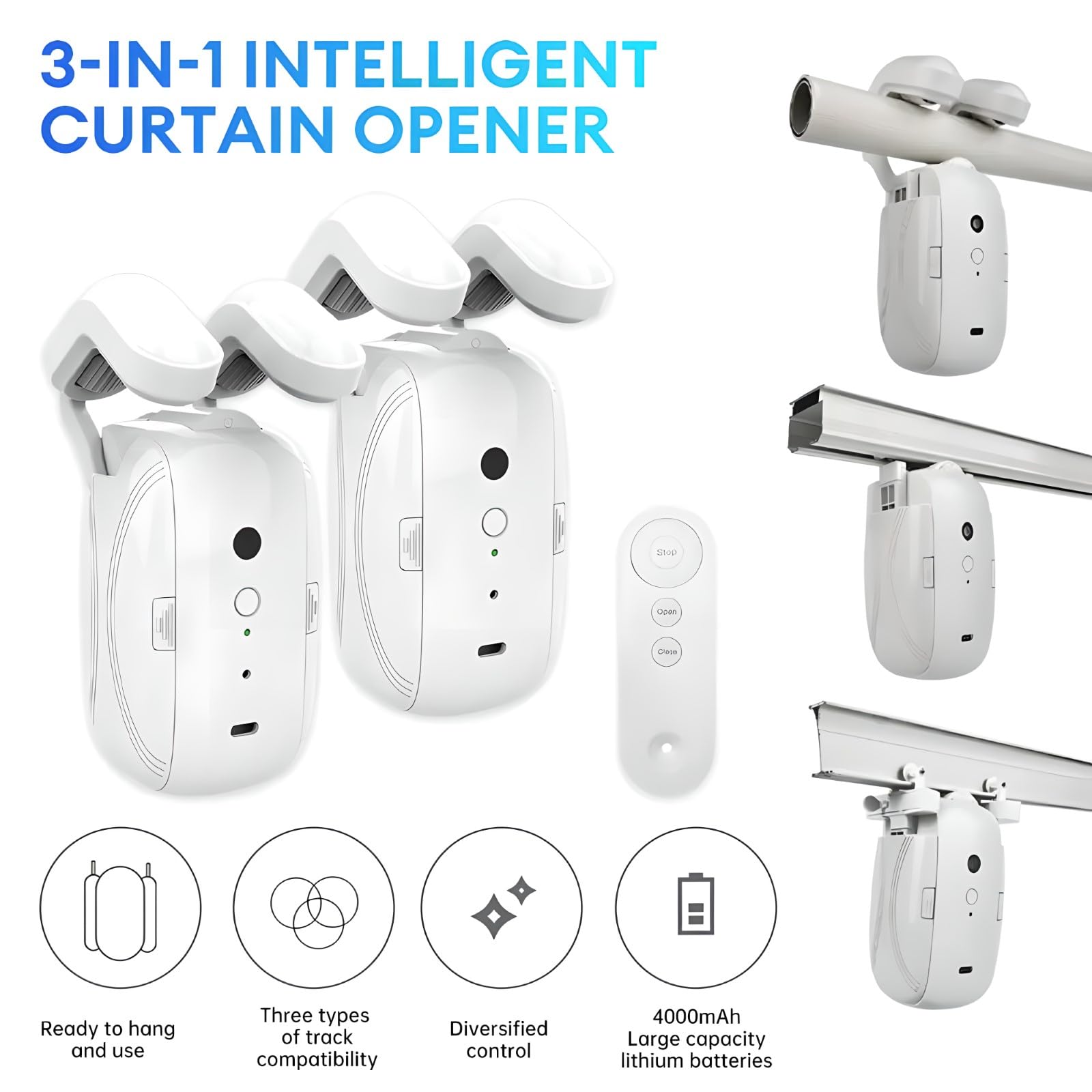 Apritende intelligente 3 in 1, Apritende elettrico con telecomando Bluetooth, Facile da installare/Avvio con un clic/Batteria da 4000 mAh, per asta romana/binario a T/binario per tende a U 2PCS