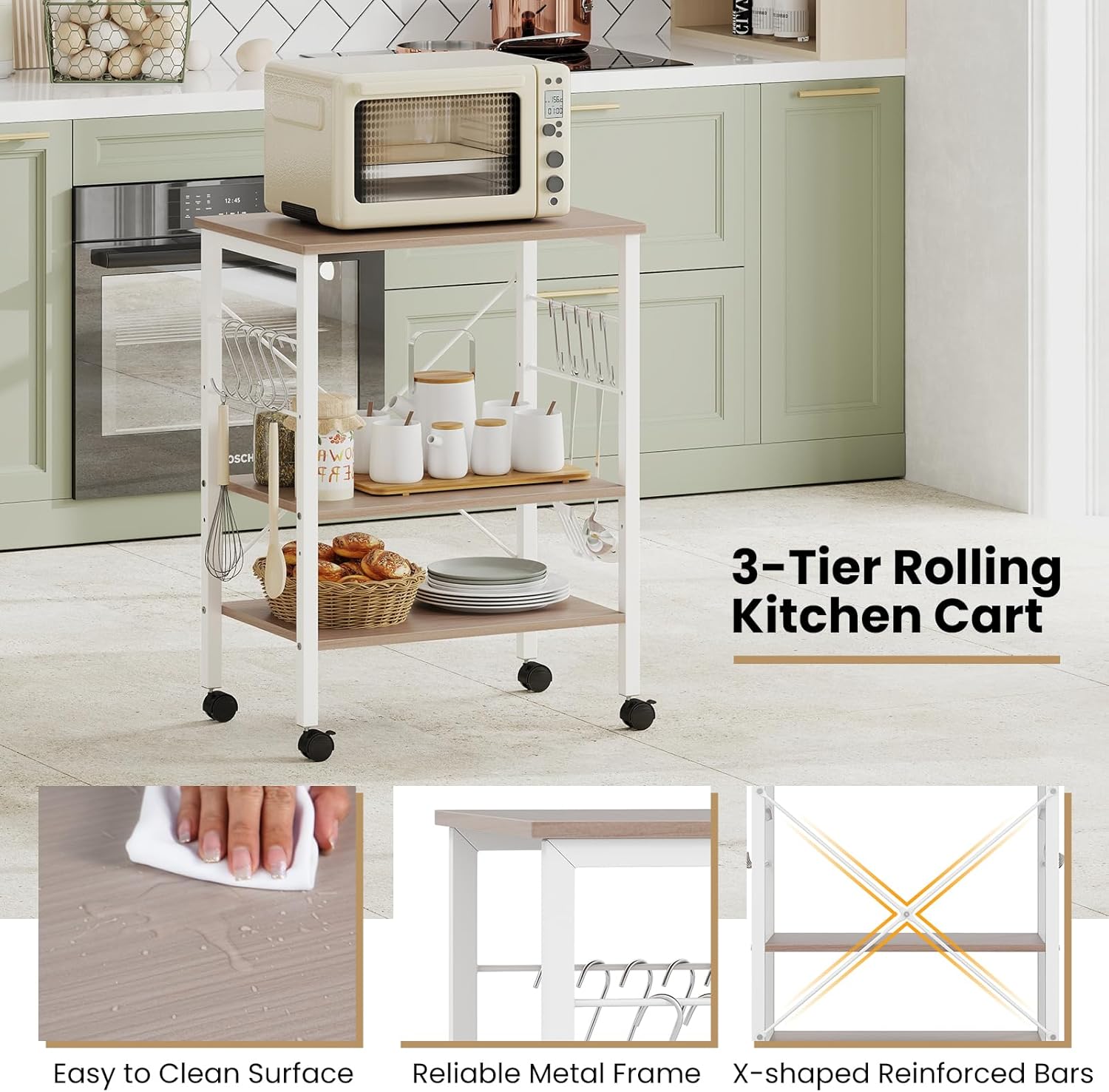 GOFLAME Baker's Rack on Wheels, Kitchen Mobile Serving Cart, 3-Tier Microwave Stand w/Adjustable Shelves & 10 Removable Hooks, Coffee Bar Rolling Storage Trolley (Beige)