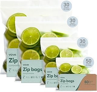 Vove Compostable Storage Bag Bundle, 140 Count Multi-Size S/M/L/XL – Freezer Safe, Resealable, Non Toxic Bags for Food, Meal Prep & Snacks, Plastic-Free Eco Bags