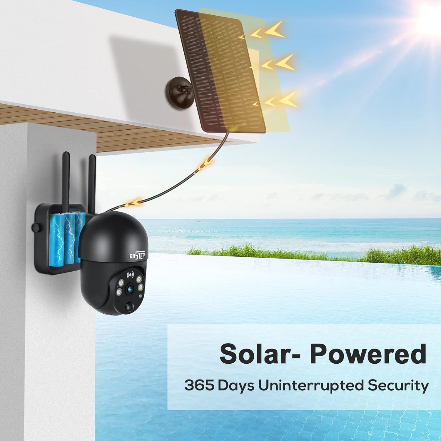 ENSTER Solar Security Camera detecting motion and sending real-time alerts to a smartphone.