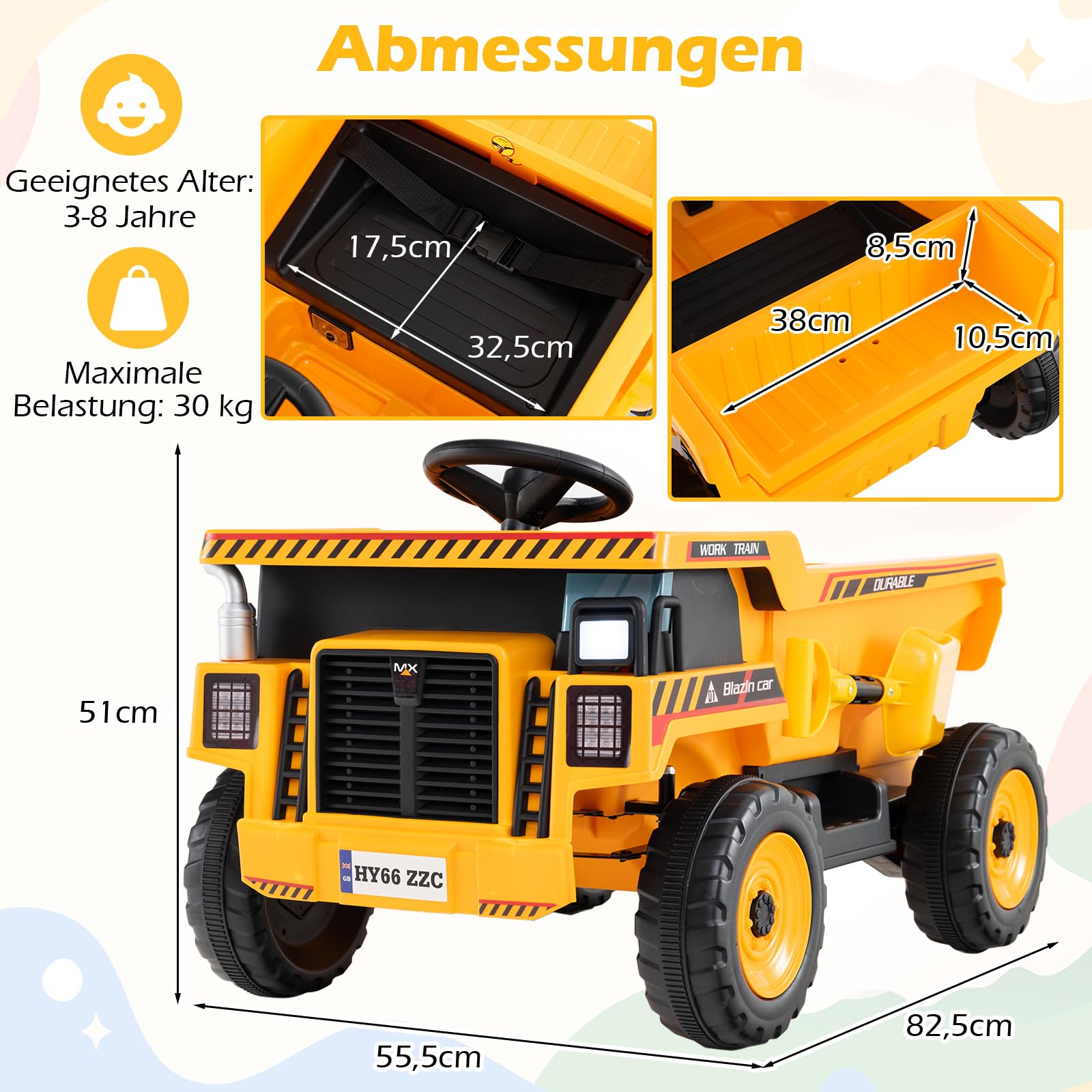 COSTWAY 24V Kinder Elektroauto, Kinderauto Elektrisch mit Kippmulde, Schaufel & Fernbedienung, Elektrofahrzeug mit Scheinwerfer, Musik & Hupe, Muldenkipper für Kinder ab 3 Jahren