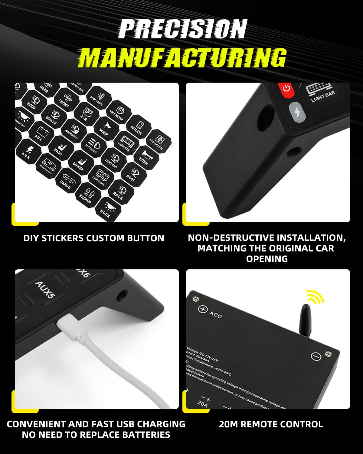 CO LIGHT 2018-2024 JL Grab Handle 6 Gang Wireless Switch Panel Acc Control Line Multifunction Built in Solid State Relay Switch Panel Strobe Light Control Type-C Charging