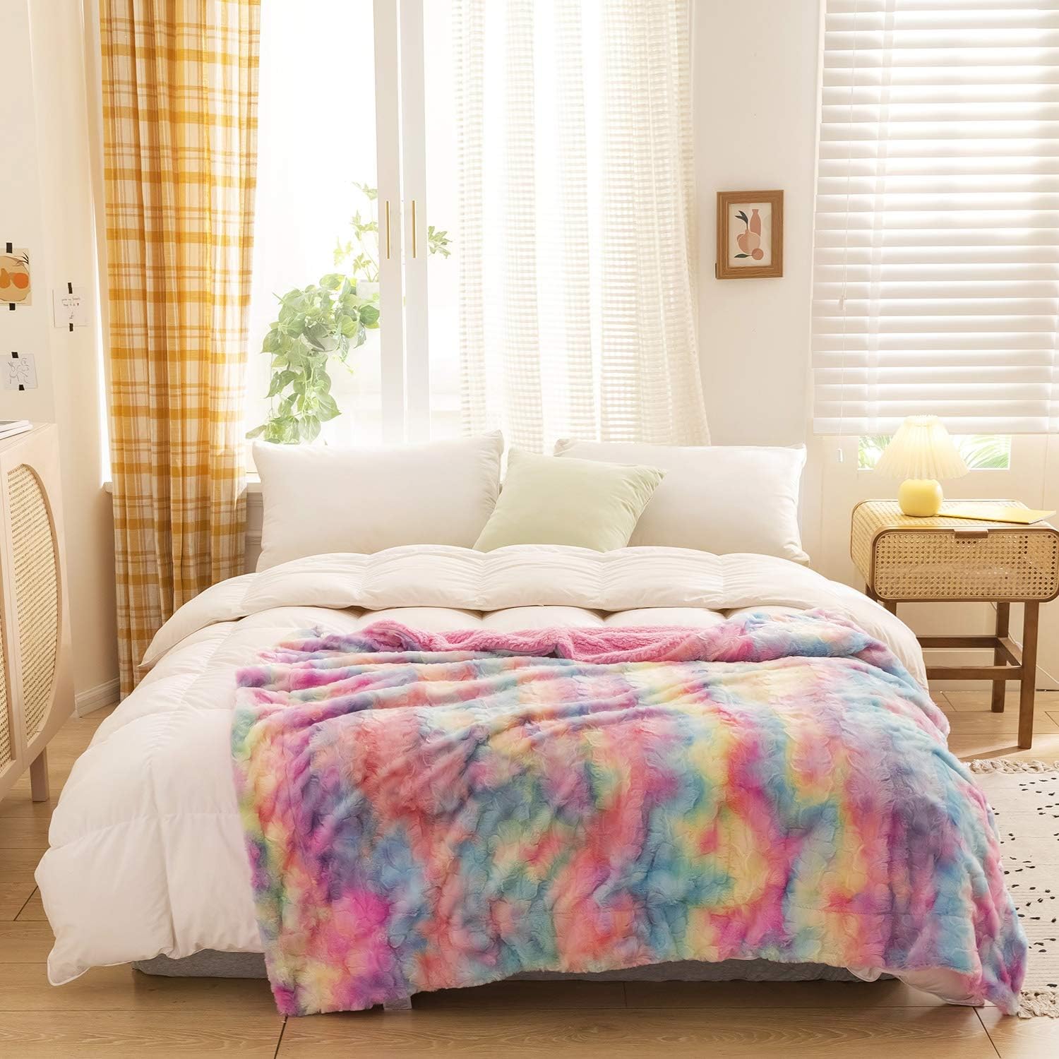 NEWCOSPLAY Super Soft Faux Fur Throw Blanket Premium Sherpa Backing Warm and Cozy Throw Decorative for Bedroom Sofa Floor (Dark Rainbow - Image 3