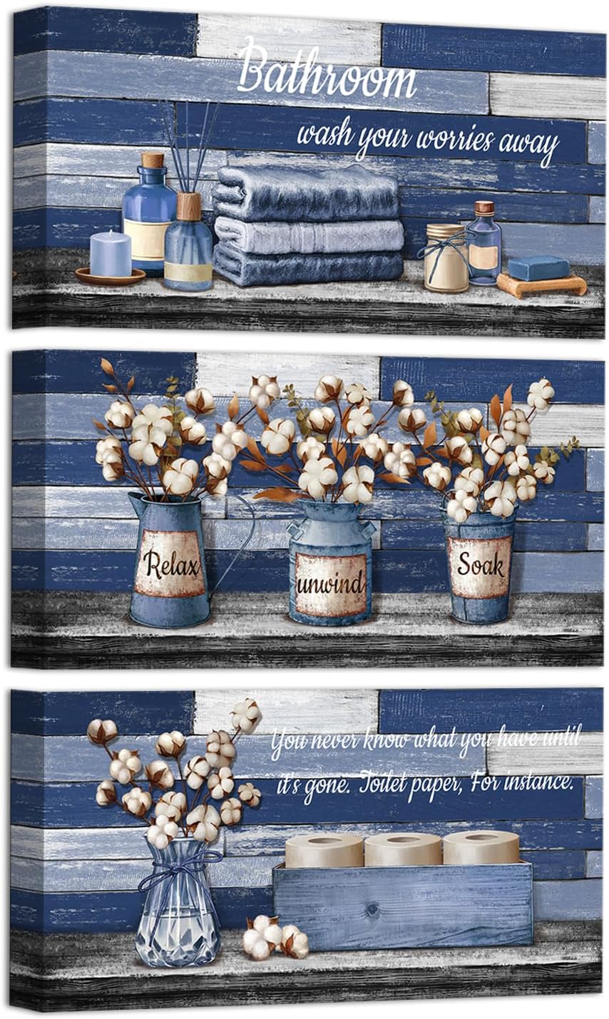 HOMEOART Farmhouse Bathroom Wall Decor - Framed Canvas Art, 6x12inch, 3 Pieces (Brown)
