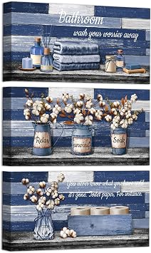 HOMEOART Bathroom Signs Farmhouse Bathroom Wall Decor Pictures Canvas Wall Art for Bath Room Decor Framed 6x12inchx3Pieces Blue