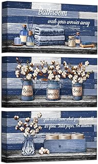 HOMEOART Bathroom Signs Farmhouse Bathroom Wall Decor Pictures Canvas Wall Art for Bath Room Decor Framed 6x12inchx3Pieces (Blue)