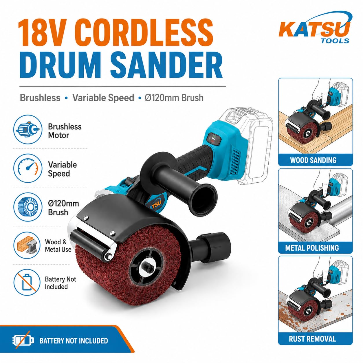 KATSU Tools Levigatrice a tamburo senza fili da 18 V, motore brushless, velocità variabile, spazzola Ø120 mm, brunitura e lucidatura per legno, metallo e altro, batteria non inclusa, modello 102714
