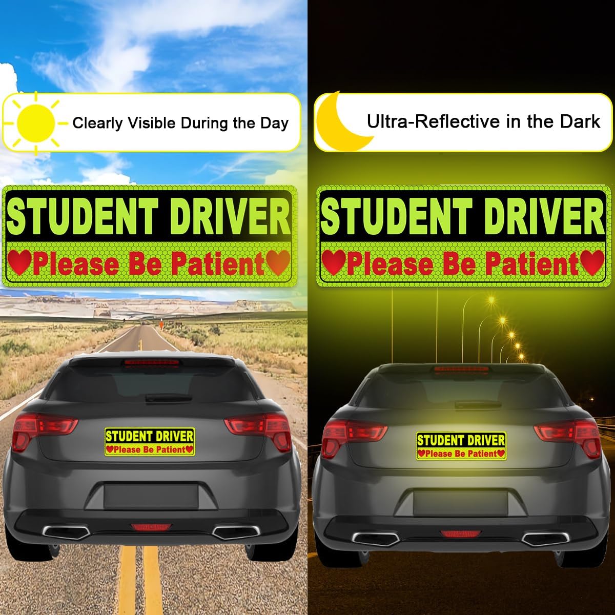 3pcs Student Driver Magnet for Car,Please Be Patient Magnetic Rookie Bumper Sticker,Reflective Reusable Movable New Drivers Vehicle Safety Sign,Yellow Large Bold Text 9.84 X 3.15 Inch image 4