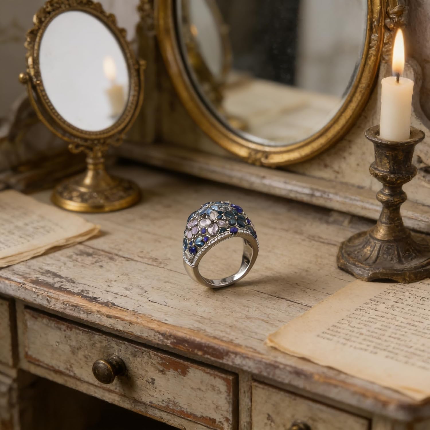 Boho Cocktail Ring for Women, 14K Black Gold Plated Floral, Clustered Zircon, Oval Opal, Pearl Ring Adjustable Gothic Jewelry Gift for Women Mother Day