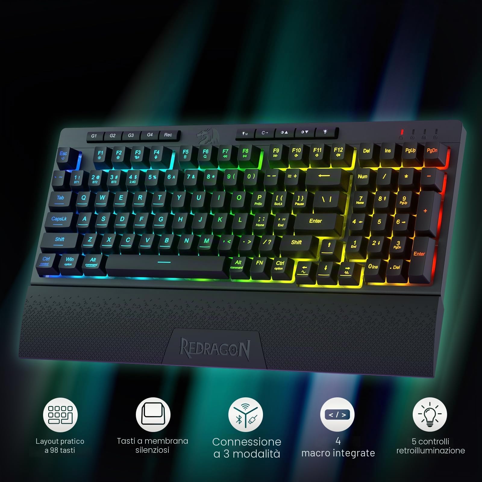 Redragon K515 PRO Shiva RGB Tastiera da gioco a membrana wireless, tastiera meccanica a 98 tasti con interruttore lineare, tasti macro e multimediali integrati, poggiapolsi rimovibile US LAYOUT