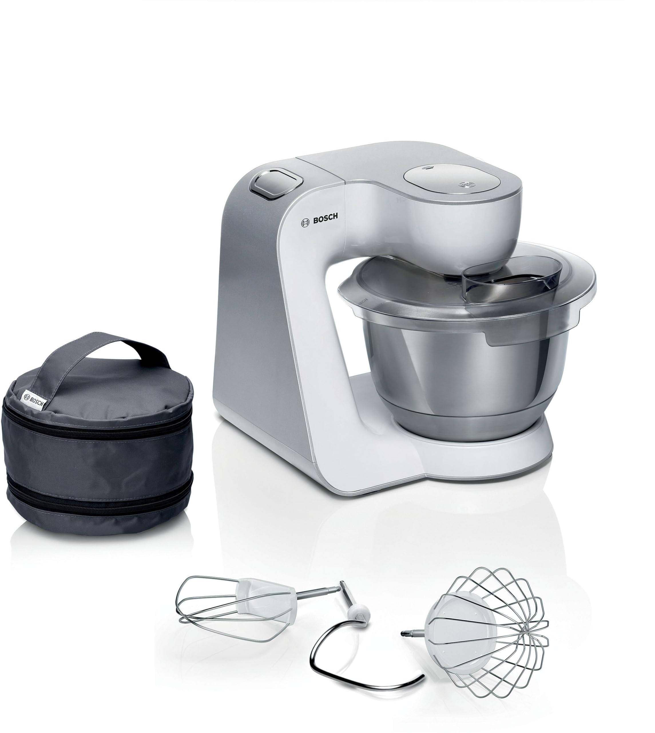 Bosch Serie 4 Planetaria Impastatrice MUM58200, 1000 W, Capiente Ciotola in Acciaio Inox da 3,​9 L, 7 Livelli di Velocità, Fruste e Gancio Inclusi, Accessori Lavabili in Lavastoviglie, Bianco, Argento