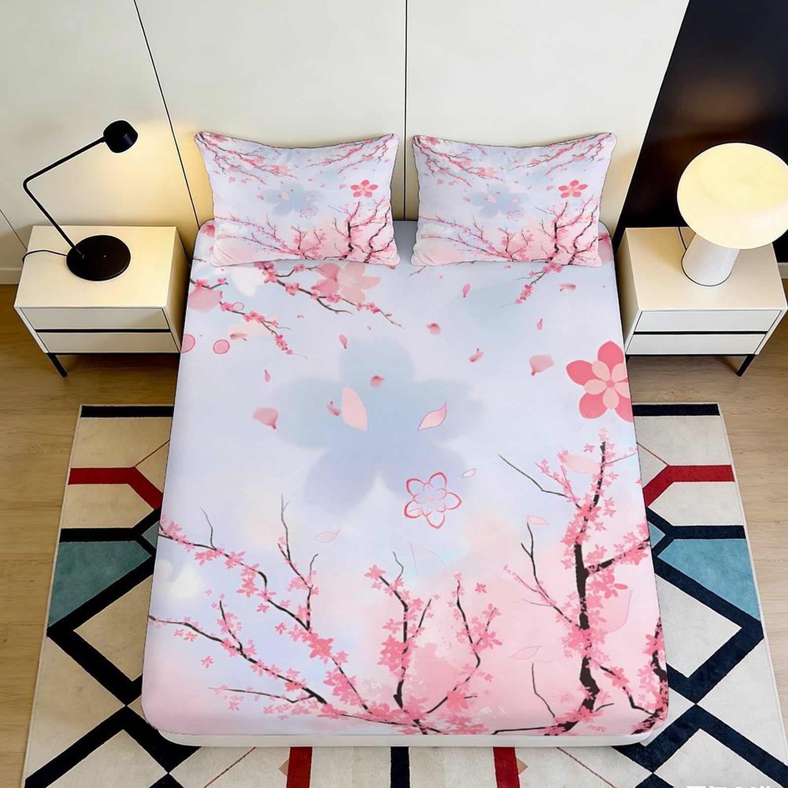 3D Printed Sakura Microfiber Fitted Sheet Deep Pocket Elastic Hem Bedroom Bedding Sakura Mattress Fitted Cover Washable 140x200x25cm