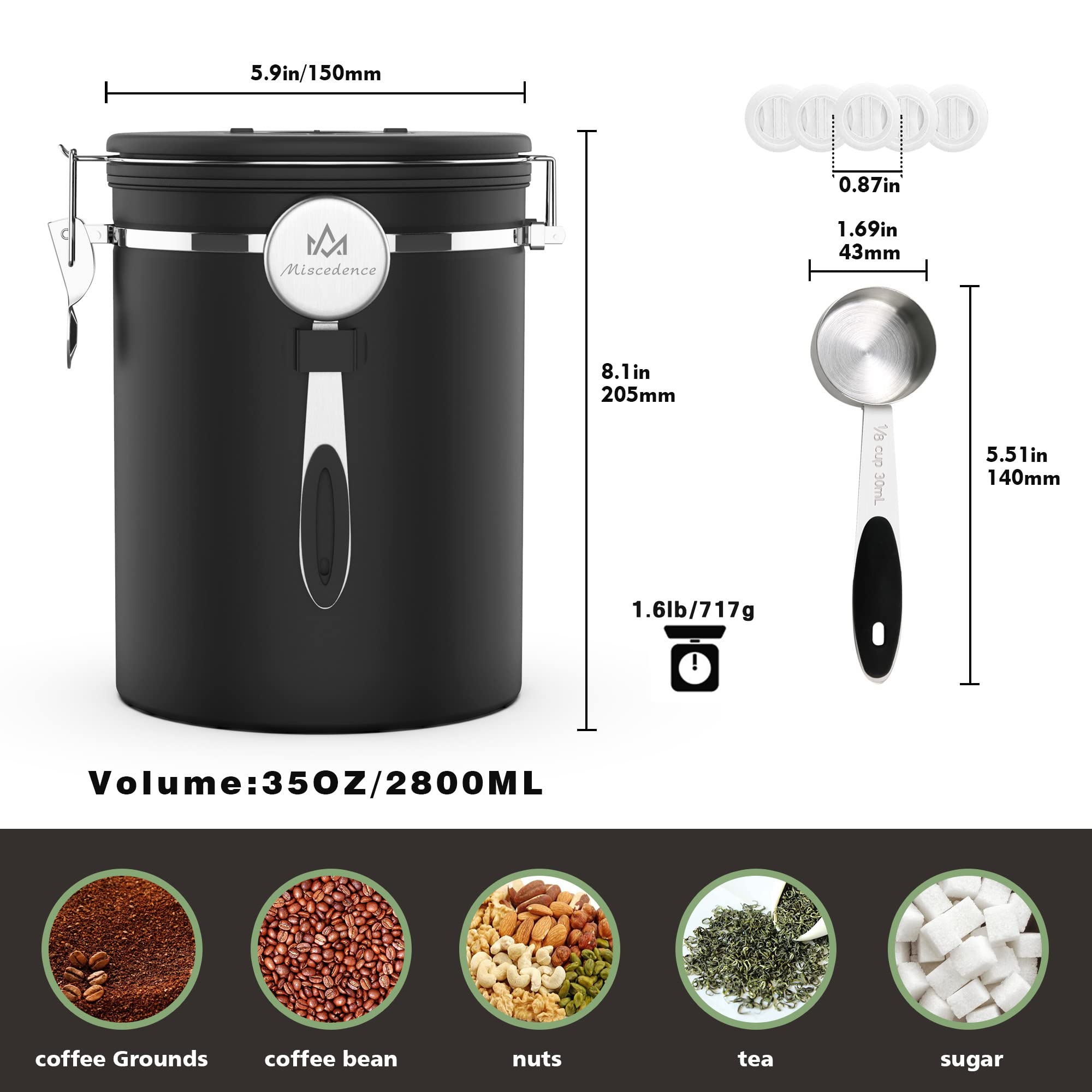 Recipiente de café de 35 onzas para café molido con rastreador de fecha, válvula de CO2 unidireccional de acero inoxidable 304, recipiente de almacenamiento hermético para granos de café o