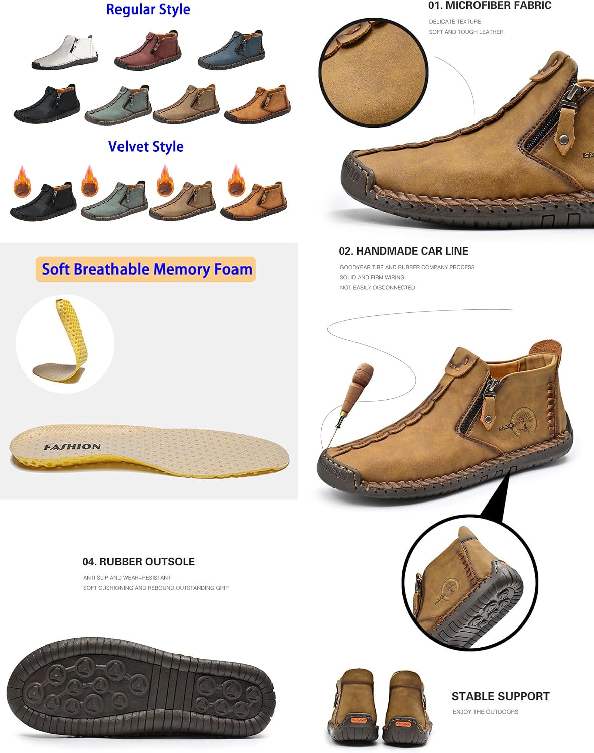 Men's Mid-Top Outdoor Chukka Boots,Vintage Comfort Hand-Stitching Leather Waterproof Non-slip Zipper Travel Hiking Shoes