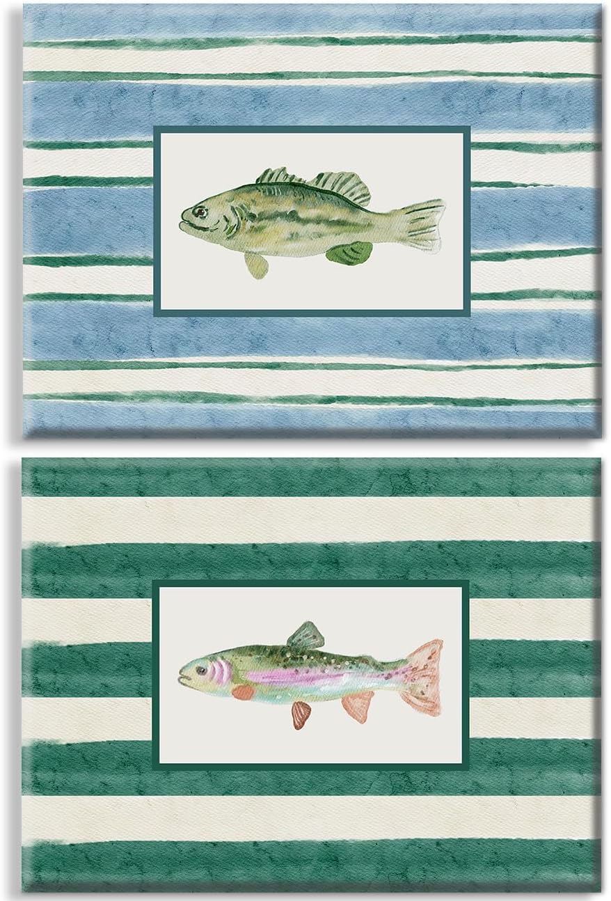 Fish Wall Art Watercolor Fishing Canvas Wall Decor Trendy Vintage Fish Poster Fishing Aesthetic Room Picture Retro Coastal Decor Prints Artwork for Boys Nursery Lake House Kitchen 12x16x2 In Framed