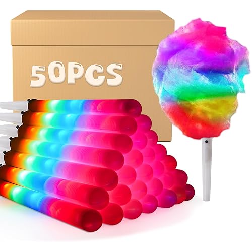50 Pcs LED Cotton Candy Cones - Glowing Cotton Candy Sticks for Parties - Reusable & Waterproof Cotton Candy Holders - Vibrant Colors for Christmas, Birthdays & Events