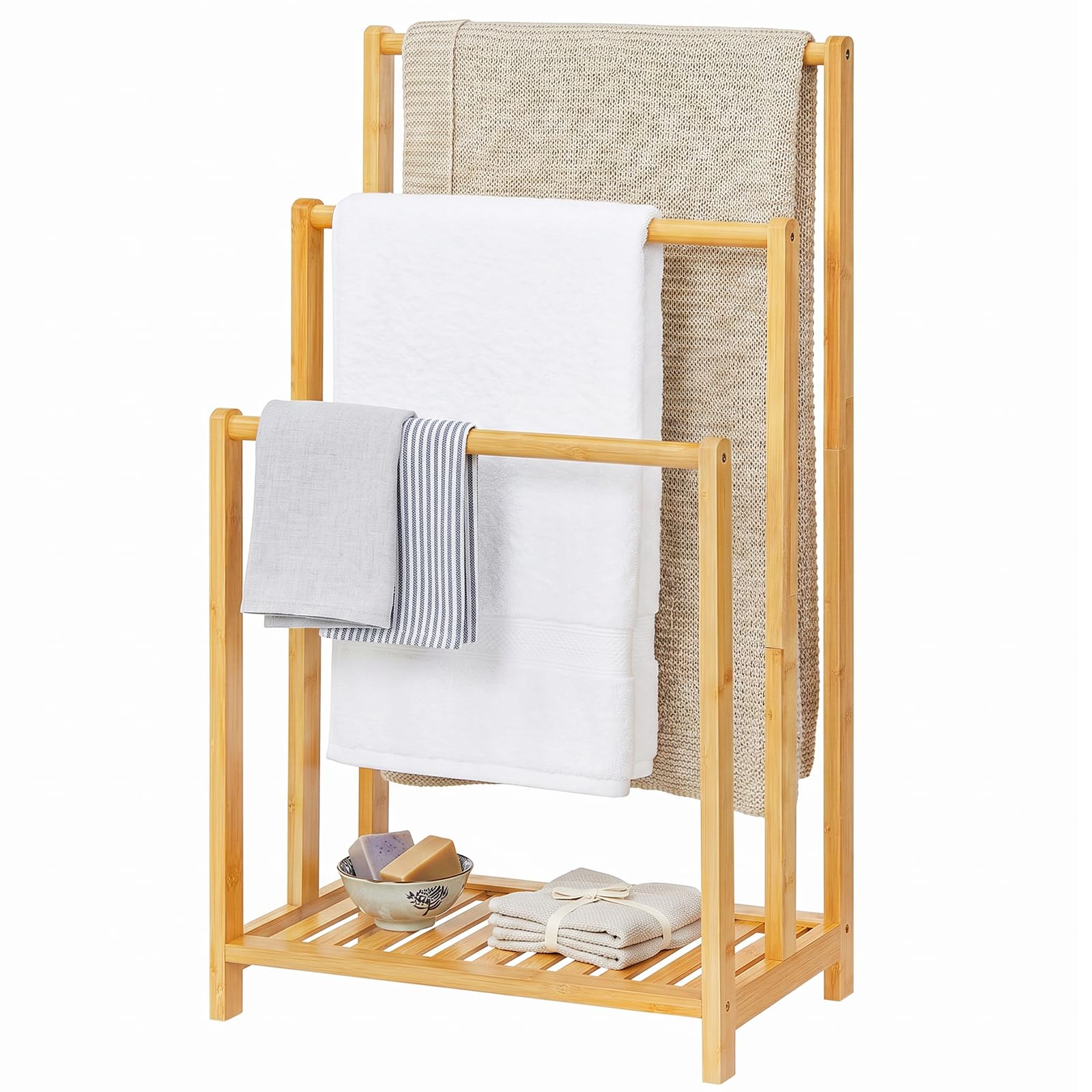 HOOBRO 3-stufige Handtuchleiter, Handtuchständer aus Bambus, Handtuchhalter mit Ablage, 3 Stangen, gestuftes Ausstellungs- und Lagerregal, Deckenhalter für Schlafzimmer, Badezimmer, Natur EYL03LB01G1