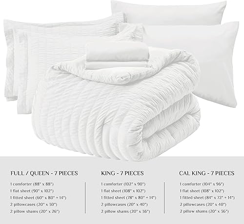 Miniatura 4 de JOLLYVOGUE Juego de edredón de sirsaca blanco tamaño King, cama de 7 piezas en una bolsa, edredón de lujo suave para todas las estaciones, juego de