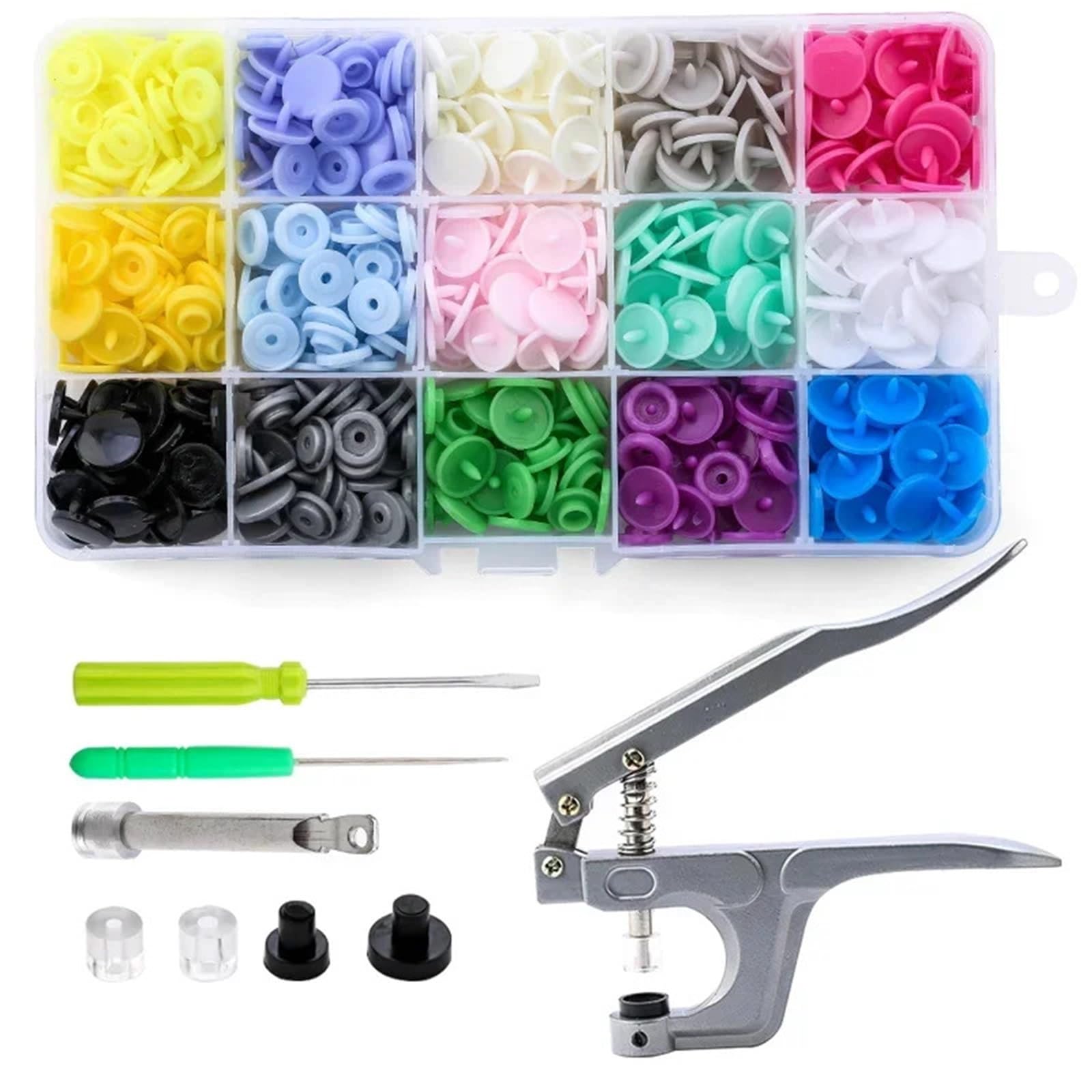 Press Studs Snap 150/240Sets T5 Plastic Snap Button with Snaps Pliers Tool Kit&Organizer Containers Press Stud Fasteners(150set Snap ButtonA)