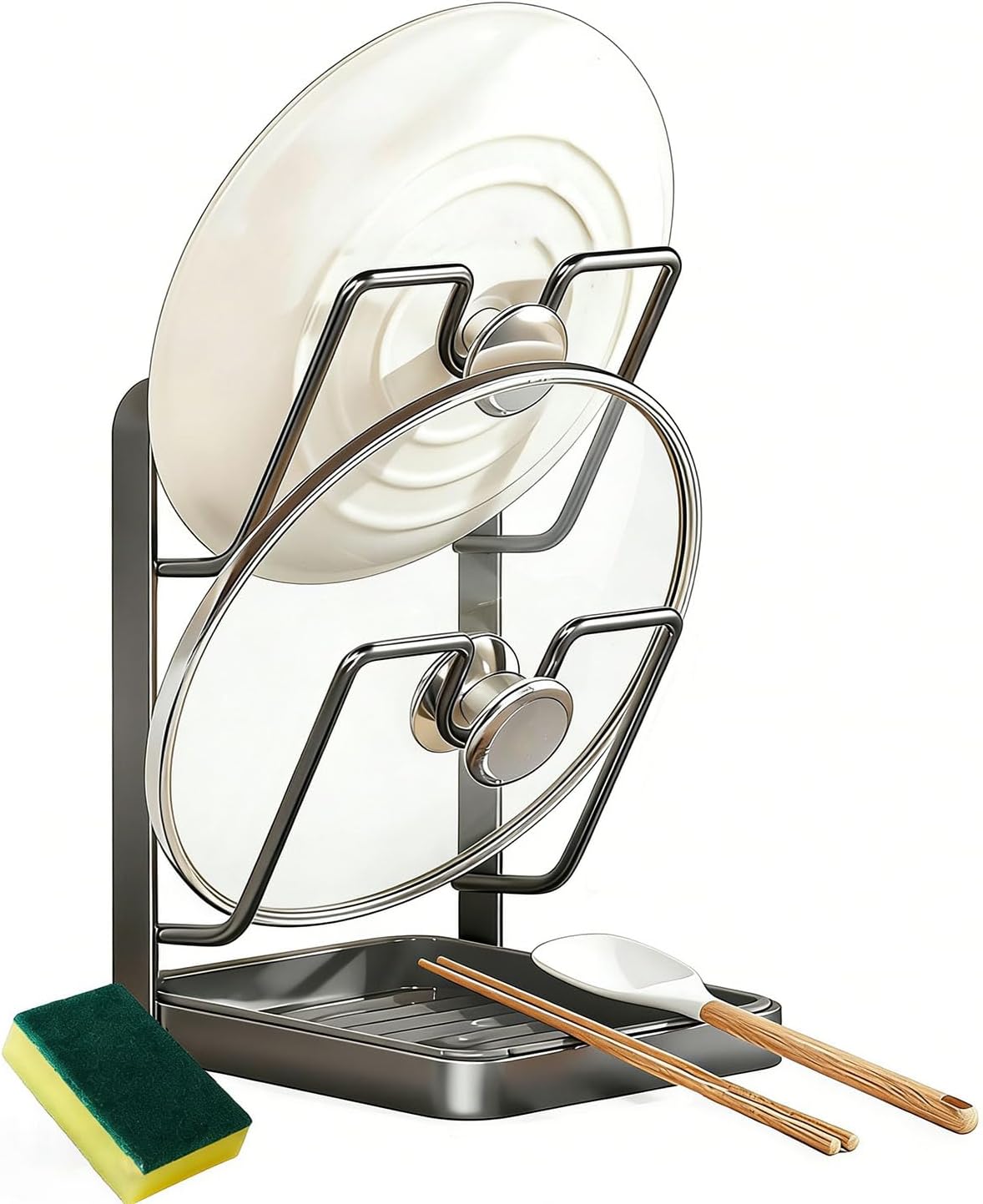 2-Tier Kitchen Pot Lid Storage Rack with Spoon Rest While Cooking