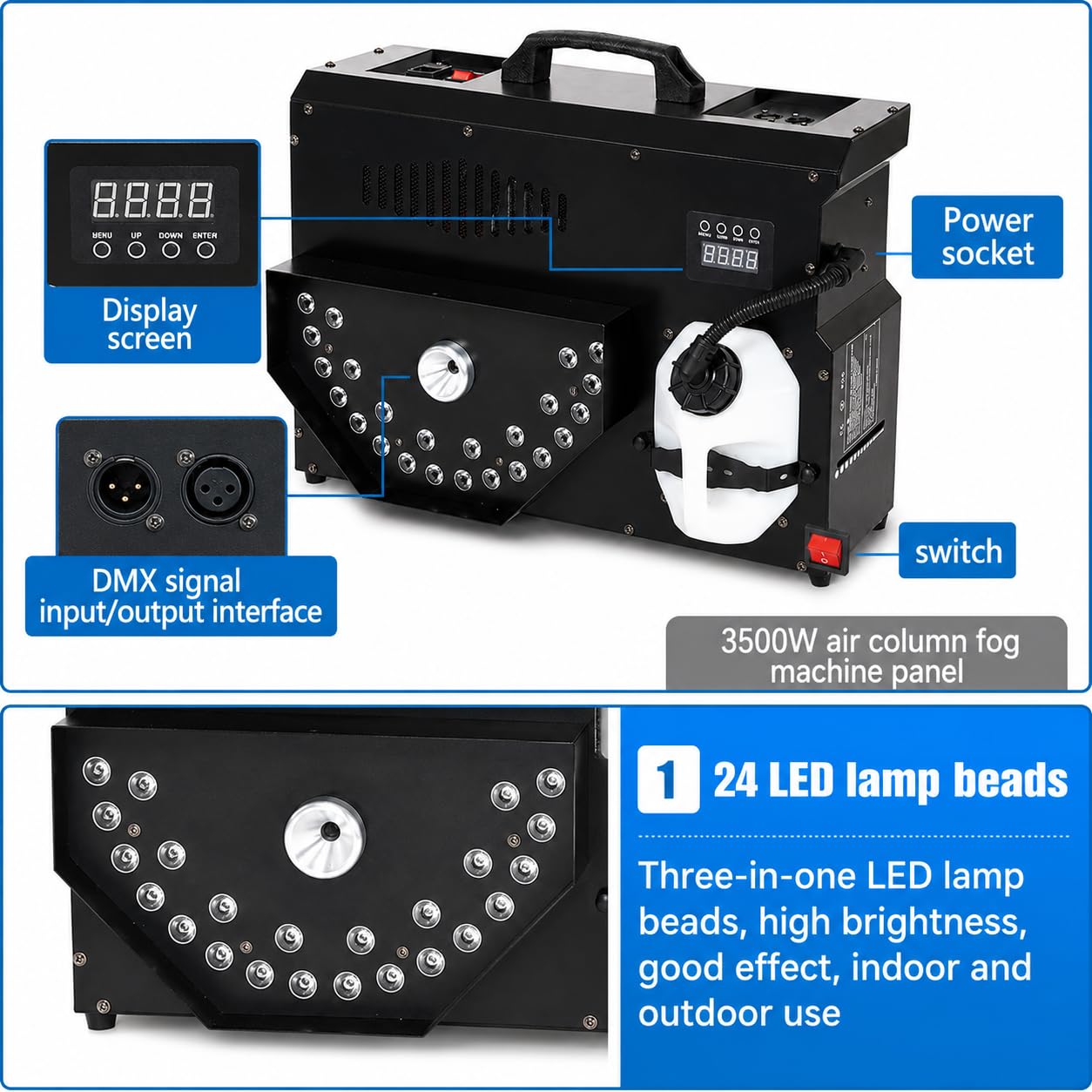 3500 W macchina portatile della nebbia, generatore di atmosfera LED ad angolo regolabile per eventi, matrimoni, bar, feste - crea l'effetto palcoscenico perfetto