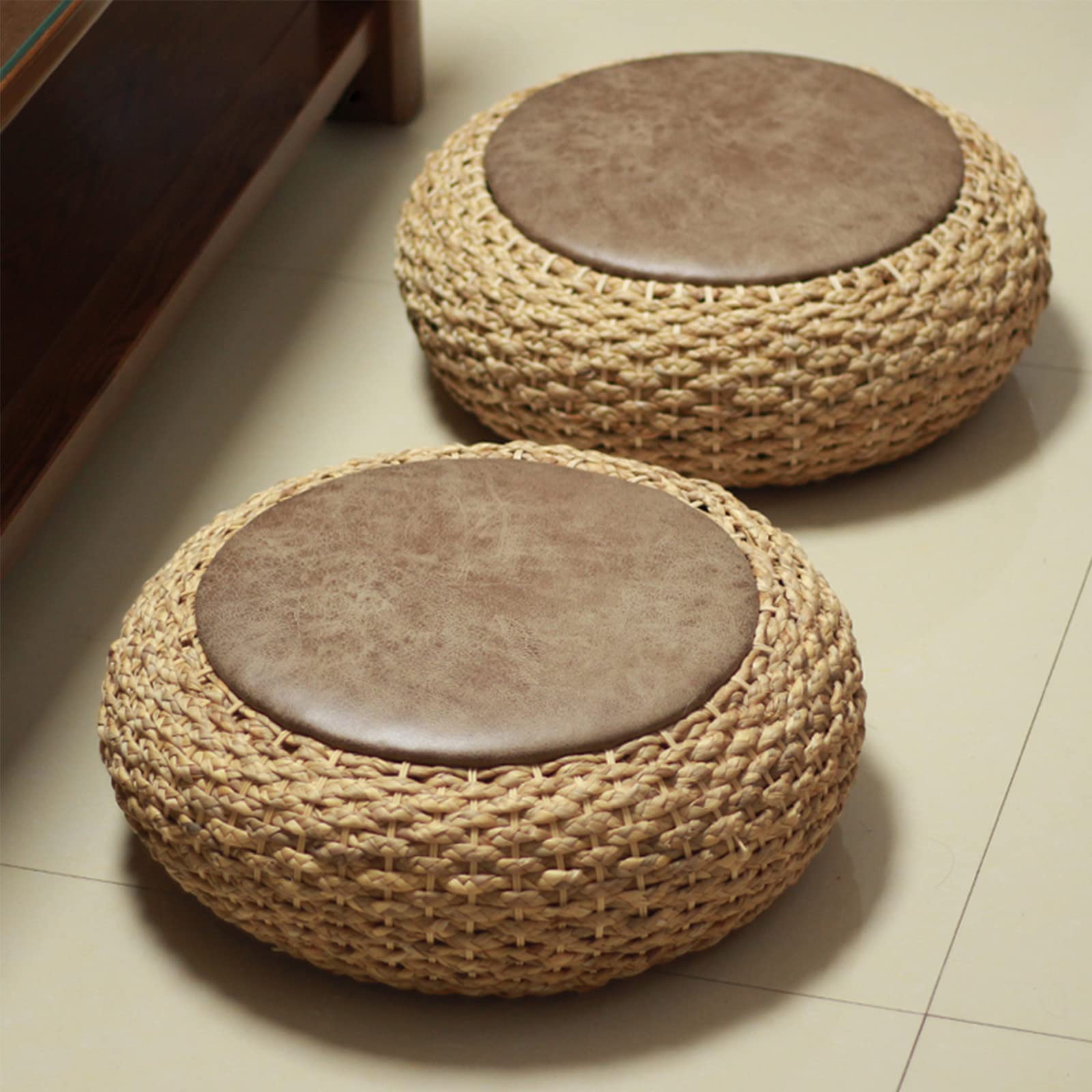 Tatami - Cojín de suelo, cojín redondo tejido, tapete de meditación y yoga hecho a mano para uso en interiores y exteriores, almohada suave para jardín, comedor, sala de estar