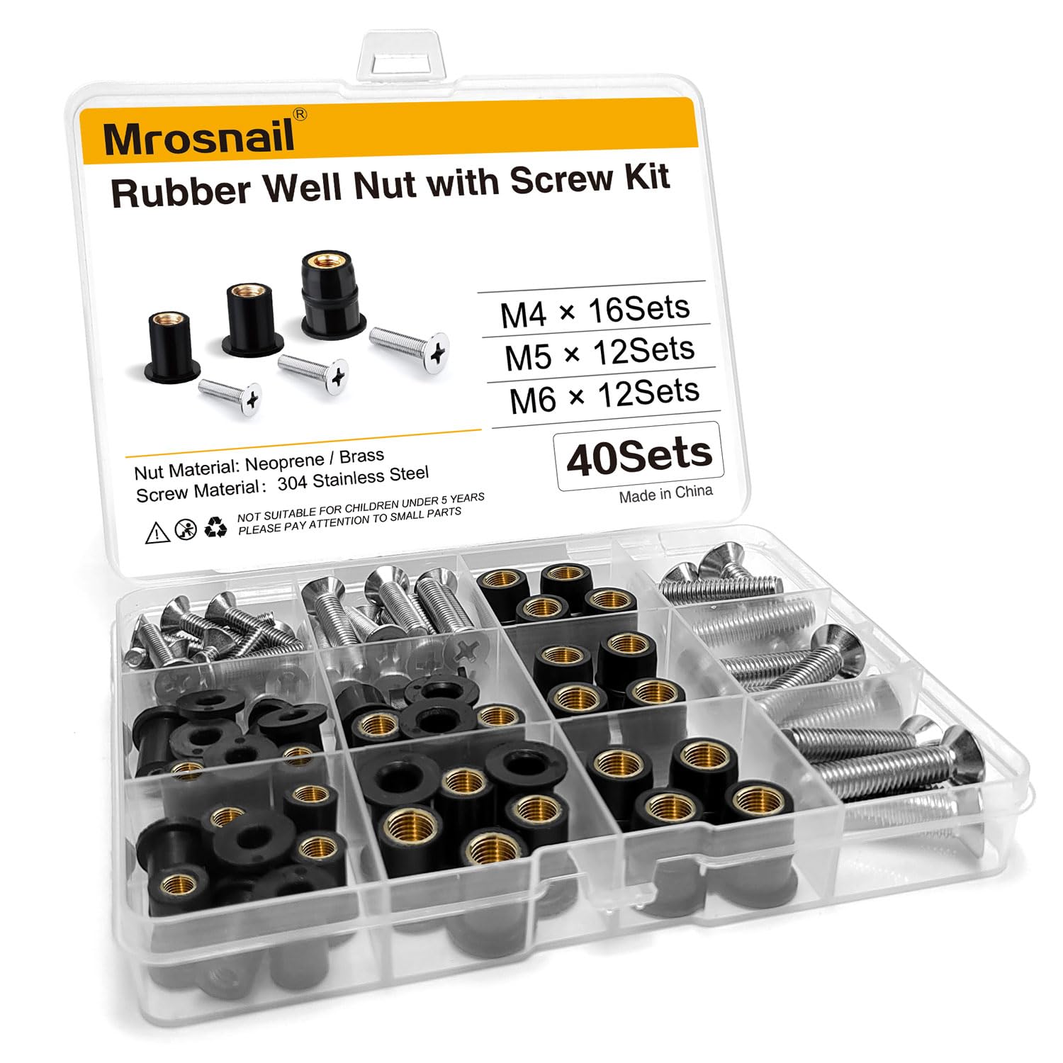 Mrosnail 40Pcs M4 M5 M6 Neoprene Well Nuts Kit with Stainless Steel Screws for Marine, Motorcycle, Kayak & Windscreen Accessories - High Strength Rubber Fasteners.
