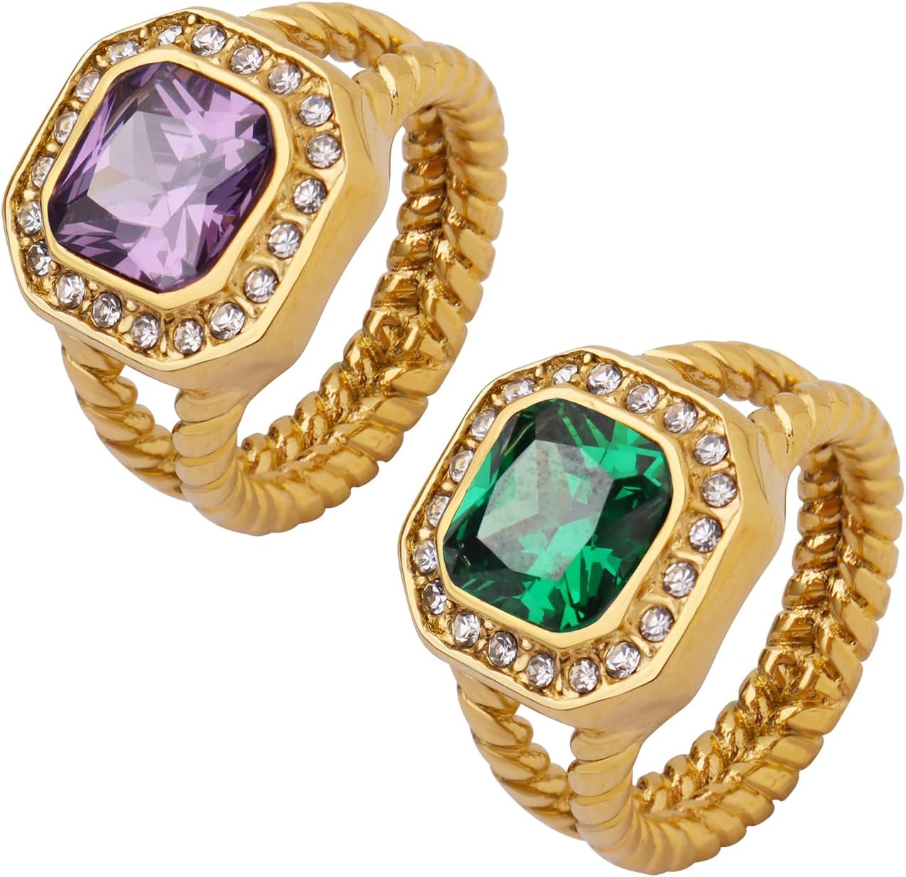 MIREE Vintage Gemstone Statement RIng-18K Gold Plated Chunky RIng with Green, Purple, or White Crystal-Bold Fashion Jewelry for Women