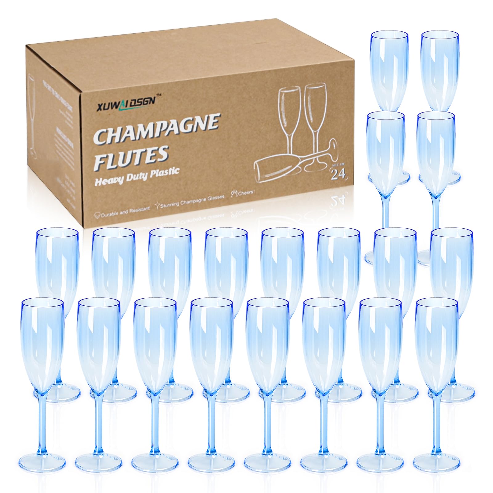 XUWAIDSGN 24 copas de champán de plástico a granel, copas de champán vintage, copas de bar de mimosa, vasos de 153.1 g para Navidad, cumpleaños, boda, novia (24, azul transparente)