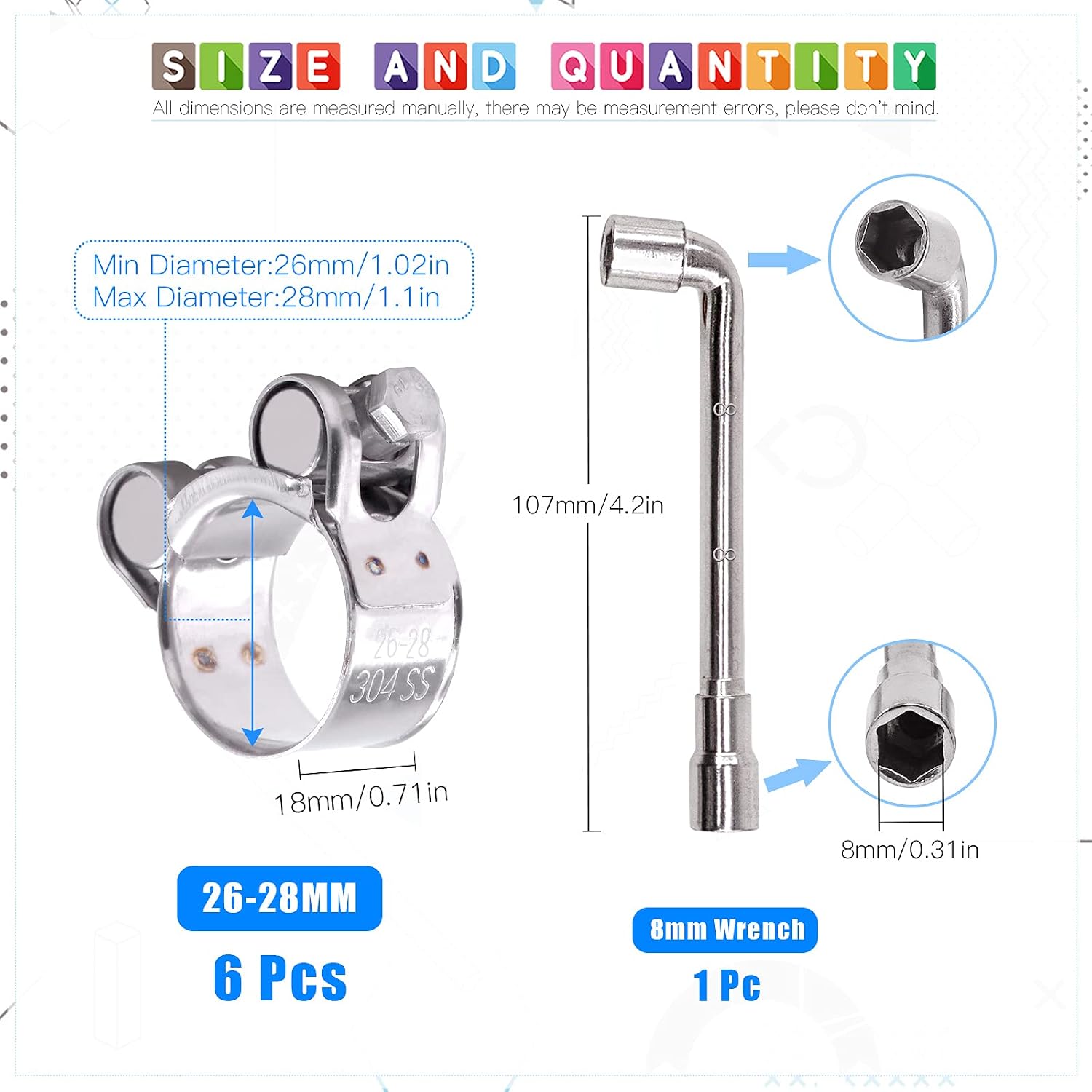 Glarks 6Pcs 26-28mm T-Bolt Hose Clamps 304 Stainless Steel Heavy Duty Ear Clamp Tube Clamp Adjustable Pipe Clamps for 1''-1.1'' Dia Range Hose (26-28MM)