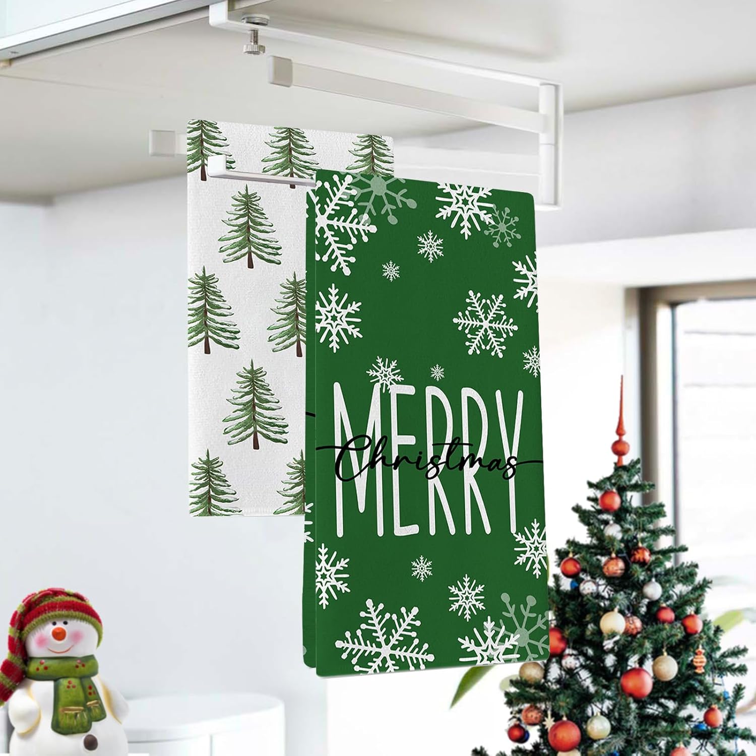 Merry Christmas Tree Green Kitchen Dish Towels Set of 2, Xmas Snowflake Drying Hand Towel Baking Cooking Cloth, Winter Holiday Farmhouse Bathroom Home Decoration 18 x 26 Inches - Image 3